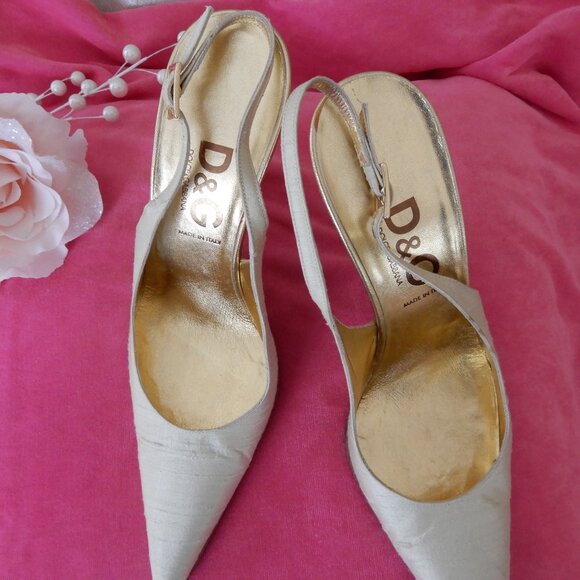 D&G Dolce & Gabbana Italy Cream Gold Silk Heels 37.5 US 7.5 - Picture 6 of 15